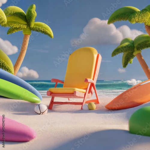 Vibrant tropical beach atmosphere featuring colorful surfboards, a sunny lounge chair, and palm trees, evoking relaxation and summer fun for vacation and travel projects.