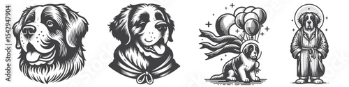 Vintage Hand-Drawn Dog Saint Bernard Smile Collection Illustration, Pets Animal Engraved Style Vector for T-Shirts and Happy Pet Lover Themes Design