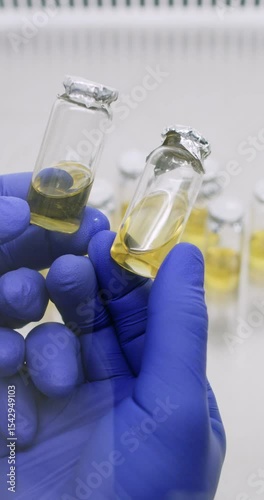 Lab technician in rubber gloves compares color and clarity of samples. Lab worker observes vials of injection medicine under laboratory light to identify differences