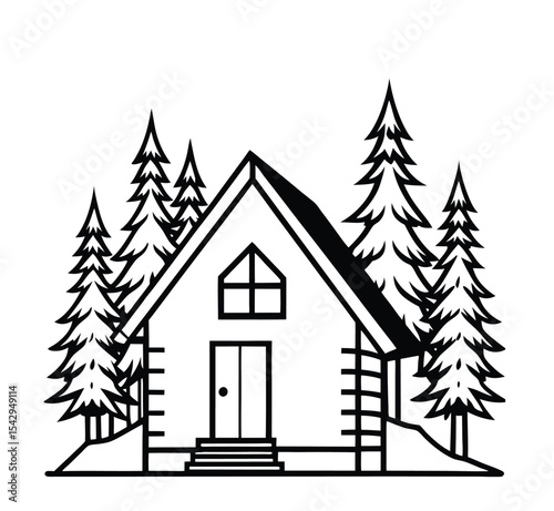 Mountain Cabin House Silhouette Drawing