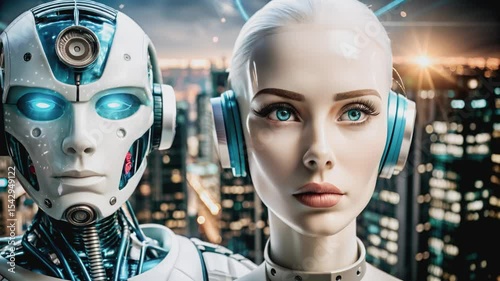 This video presents a compelling visual of two diverse robots, a feminine and a masculine design, standing guard over a vibrant nighttime city.