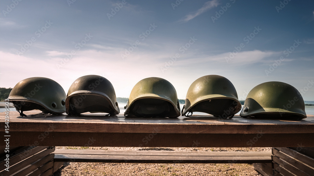 Obraz premium Military helmets lined up on a wooden table