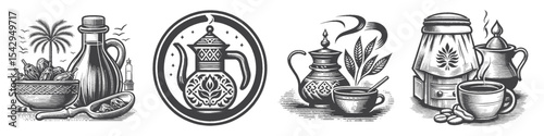 Vintage Hand-Drawn Arabic Coffee With Coffee Pot Collection Illustration, Middle Eastern Beverage Engraved Style Vector for T-Shirts and Cultural Themes Design