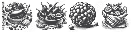 Vintage Hand-Drawn Eggplant and Arabic Vegetables Collection Illustration, Middle Eastern Garden Cuisine Engraved Style Vector for T-Shirts and Culinary Themes Design