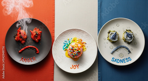 Plated food visually representing emotions of anger, joy, and sadness.