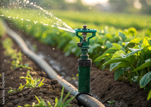 Sprinkler Irrigation of a Lush Agricultural Field: A close-up captures the dynamic water spray from a sprinkler, nourishing vibrant green plants.