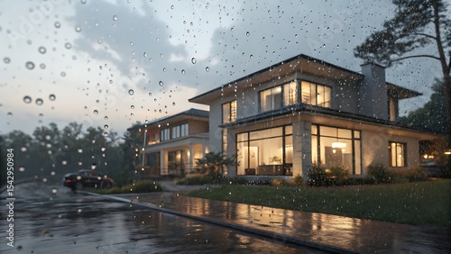 Rainy day house modern architecture residential building exterior home facade luxury property real estate