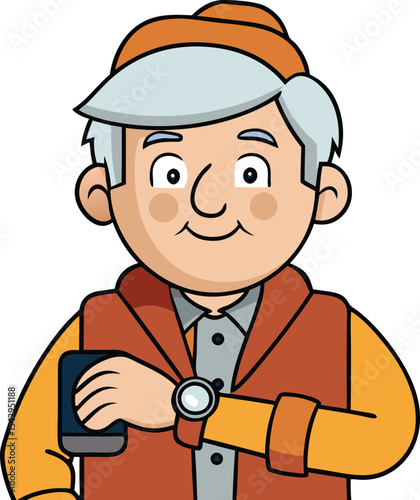 Happy Senior Citizen Checking Time and Phone Illustration