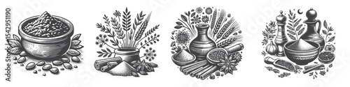 Vintage Hand-Drawn Arabic Seasoning Collection Illustration, Middle Eastern Spice Engraved Style Vector for T-Shirts and Culinary Themes Design