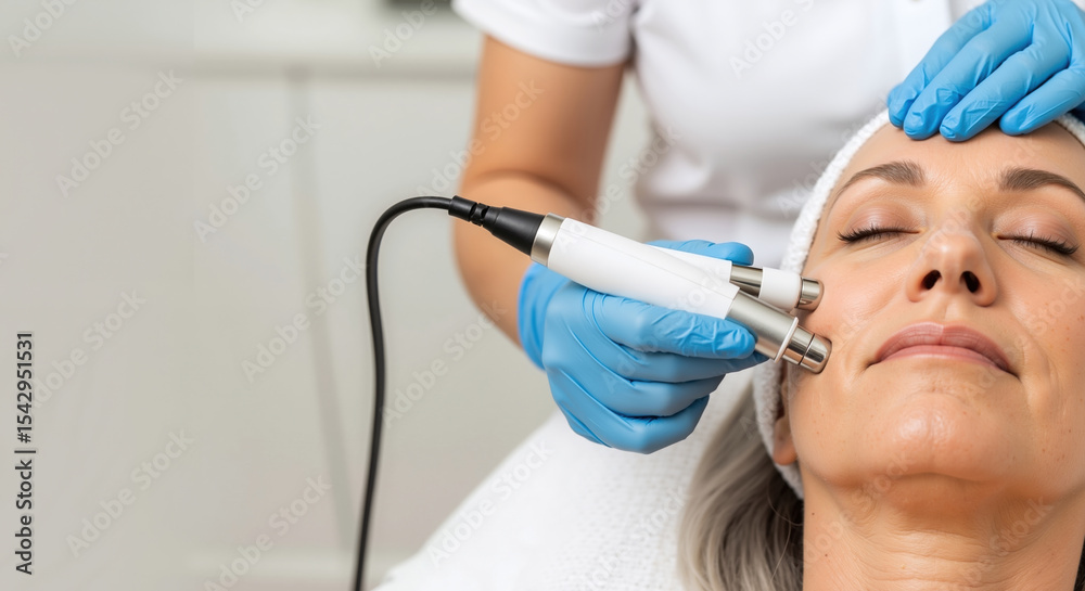 Naklejka premium Cosmetologist performing facial treatment with professional device, blue gloves. Modern beauty clinic equipment, skincare procedure, anti-aging therapy. Medical spa concept