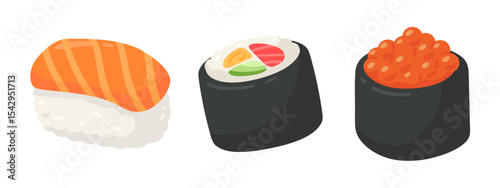Vector Illustration of Various Sushi Types Including Nigiri, Maki, and Ikura on a White Background