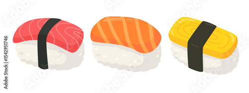 Colorful Assorted Sushi Illustration Featuring Tuna, Salmon, and Tamago Nigiri on White Background