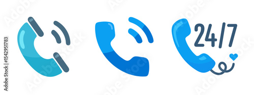 Set of Blue Phone Icons Representing Communication and Customer Support with 24/7 Availability