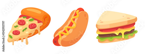 Delicious Fast Food Icons Featuring Pizza Slice, Hot Dog, and Sandwich with Cheese and Lettuce