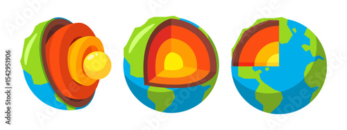 Colorful Illustrations of Earth's Layers Showing Core, Mantle, and Crust in Cross-Sectional View