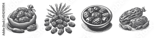 Vintage Hand-Drawn Date on Bowl Collection Illustration, Middle Eastern Fruit Engraved Style Vector for T-Shirts and Culinary Themes Design