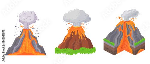 Colorful Cartoon Volcano Eruptions with Lava Flow and Smoke on White Background - Set of Three Illustrations
