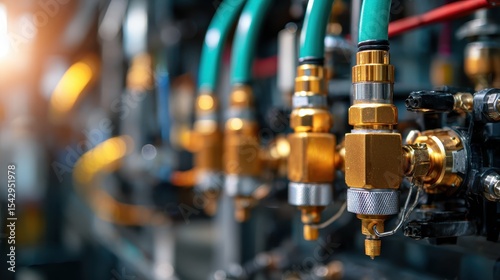 A close-up view of industrial pipes and valves showcasing fine engineering and design, highlighting their functionality and the intricate details of the machinery.