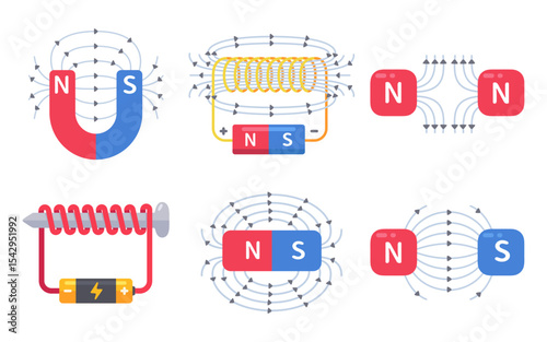Illustrated Concepts of Magnetism and Electromagnetism with Magnetic Fields and Poles in Educational Diagrams