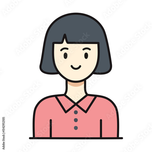 Flat Design Avatar Icon of a Person with Black Bob Hair and Pink Blouse
