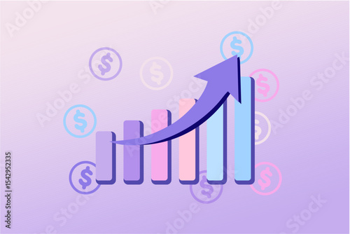 Business arrow growing on attractive color background, Profit red arrow, Vector illustration. Business concept, growing graph. Sales symbol icon concept with arrow moving up.