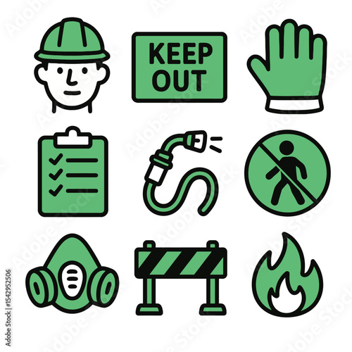 Industry icons. Worker, warning, glove, checklist, hose, forbidden, mask, barrier, fire