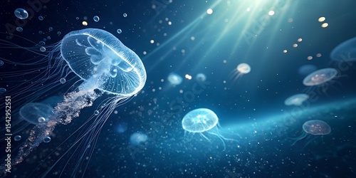 Stunning underwater scene featuring several glowing jellyfish swimming together.
