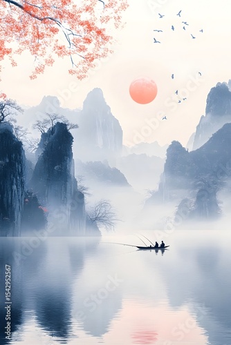 The peaceful scene of fishermen by the lake in the morning mist