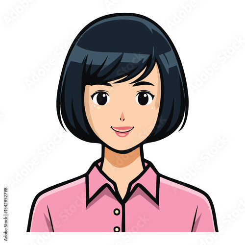Minimalist Avatar Icon of a Person with Black Bob Hair and Pink Blouse
