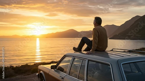 A man sits atop a vintage station wagon at sunset, overlooking a serene coastline