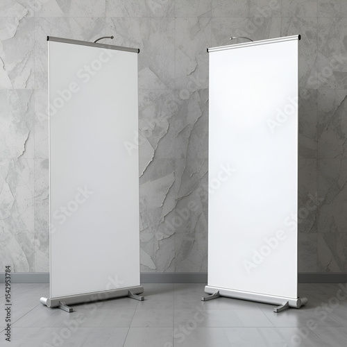 Advertising and promo white empty information booth stand or roll up board. Realistic vector illustration set of blank portable vertical pullup info banner mockup for ad and product presentation.