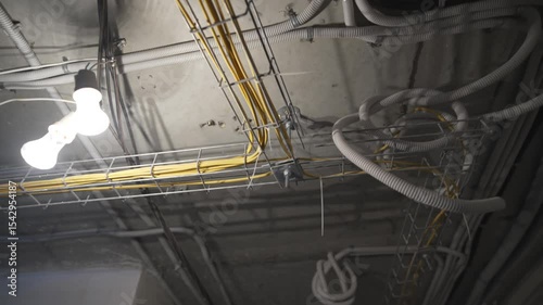 Thick cable bundle snakes along ceiling in steel mesh conduit system. Professional electrical installation shows careful cable management