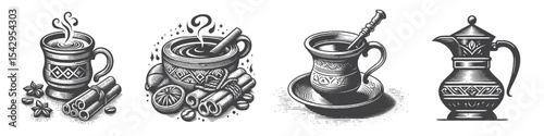 Vintage Hand-Drawn Arabic Coffee Collection Illustration, Middle Eastern Beverage Engraved Style Vector for T-Shirts and Cultural Themes Design