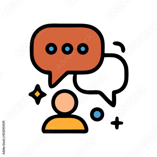 A stylized illustration of a person communicating with speech bubbles, expressing ideas.