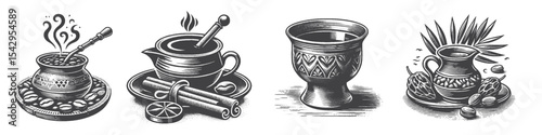 Vintage Hand-Drawn Arabic Coffee Cup Collection Illustration, Middle Eastern Beverage Engraved Style Vector for T-Shirts and Cultural Themes Design