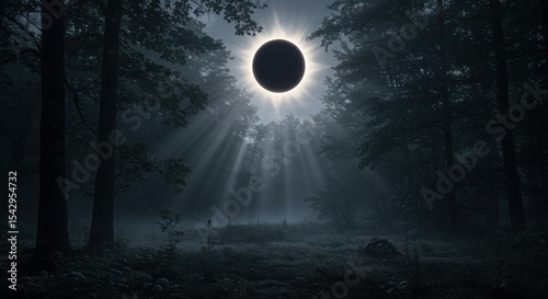 Solar eclipse casting light beams through dark foggy forest.