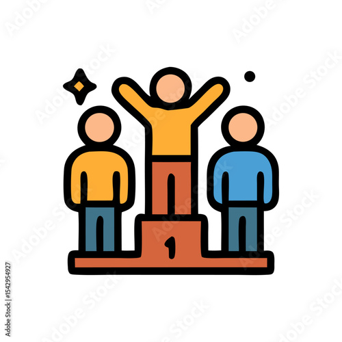 Three figures on a winner's podium, the central figure celebrating victory with raised arms.