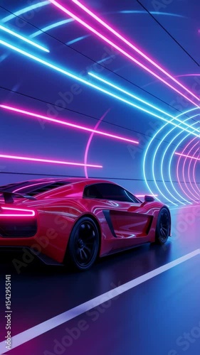 Futuristic sports car is positioned in neon-lit tunnel, with vibrant pink and blue lights illuminating its glossy surface. dynamic ambiance that highlights modern automotive design and technology