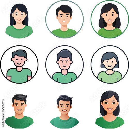 Simple flat design avatar icon person with mediumlength black hair, green t-shirt. Circular,