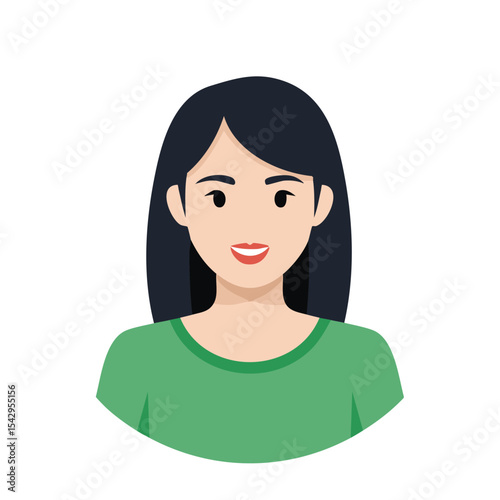Stylish Flat Design Avatar of a Person with Black Hair and Green T-Shirt, Circular Layout
