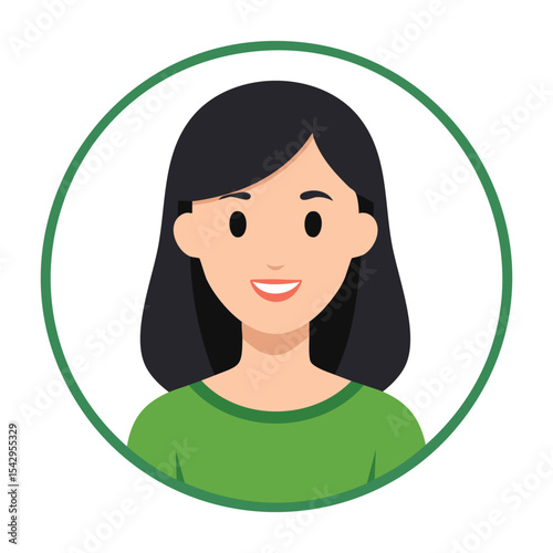 Clean Circular Flat Design Avatar of a Person with Medium Black Hair and Green T-Shirt
