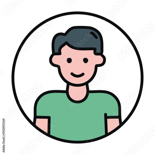 Basic Flat Avatar Illustration of a Person with Black Hair and Green T-Shirt
