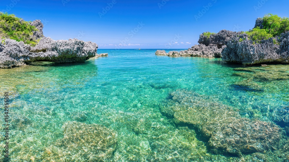 Fototapeta premium Turquoise Cove Paradise: A breathtaking turquoise cove sparkles under a clear blue sky, revealing a symphony of underwater textures and colors, with rocky formations framing the idyllic seascape.