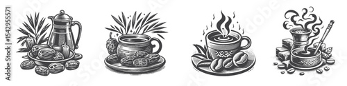 Vintage Hand-Drawn Arabic Coffee Collection Illustration, Middle Eastern Beverage Engraved Style Vector for T-Shirts and Cultural Themes Design