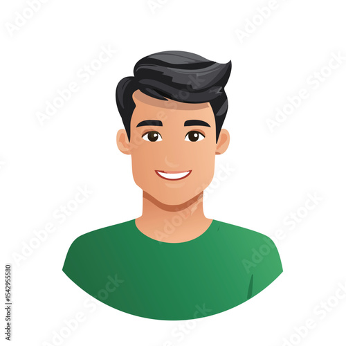 Minimalist Flat Avatar of a Person with Medium Black Hair and Green T-Shirt
