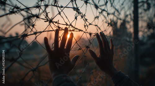 A high-quality image portraying silhouette of a ponderer as day fades, viewing the soft remnants of sunset behind a tangle of h&m fence and tree limb at twilight.
