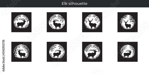 Eight elegant elk silhouette designs in various natural forest landscape settings