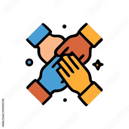 Four hands of different colors joined together in a symbol of unity and teamwork.
