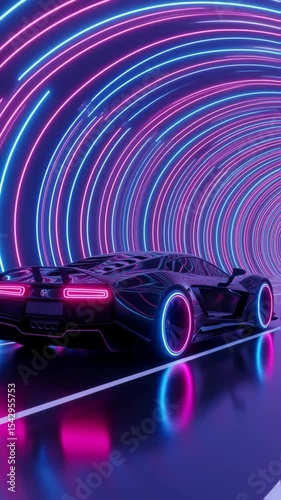 Futuristic sports car is positioned in neon-lit tunnel, with vibrant pink and blue lights illuminating its glossy surface. dynamic ambiance that highlights modern automotive design and technology
