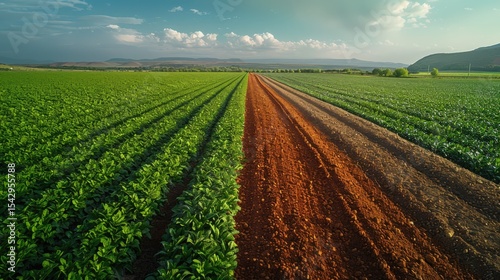 An aerial view reveals a sharp contrast between a field of lush, green crops and an adjacent plot of plowed, brown earth. The straight dividing line emphasizes the contrast between fertile and fallow 